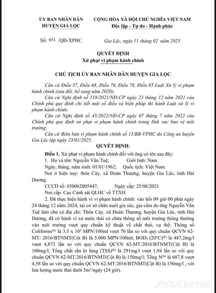 Quyết định xử phạt ông Nguyễn Văn Tuệ ở thôn Cáy (xã Đoàn Thượng) do vi phạm các quy định về môi trường trong lĩnh vực chăn nuôi.
