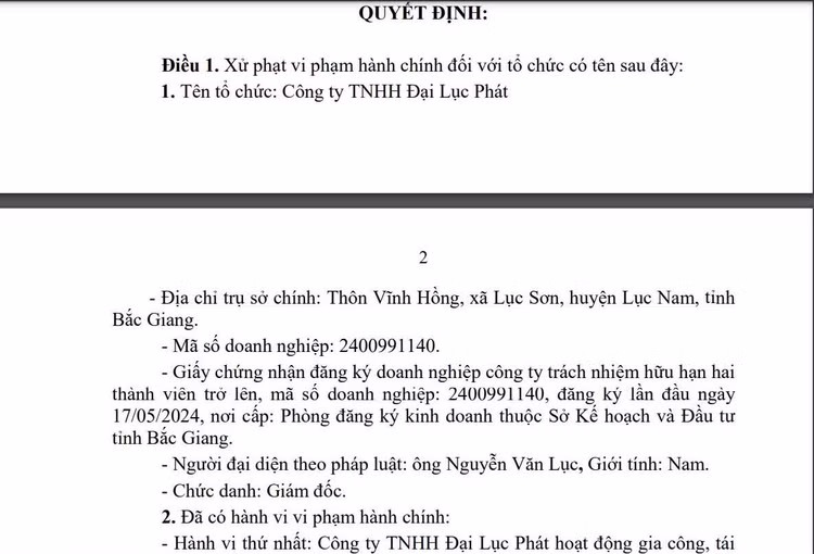 Chủ tịch UBND tỉnh Bắc Giang vừa ban hành Quyết định số 152/QĐ-XPHC về việc Xử phạt vi phạm hành chính trong lĩnh vực đất đai, bảo vệ môi trường đối với Công ty TNHH Đại Lục Phát.