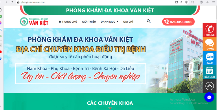 Website quảng cáo về Phòng khám Đa khoa Văn Kiệt. Ảnh chụp màn hình.