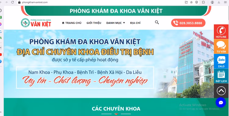 Website quảng cáo về Phòng khám Đa khoa Văn Kiệt. Ảnh chụp màn hình.