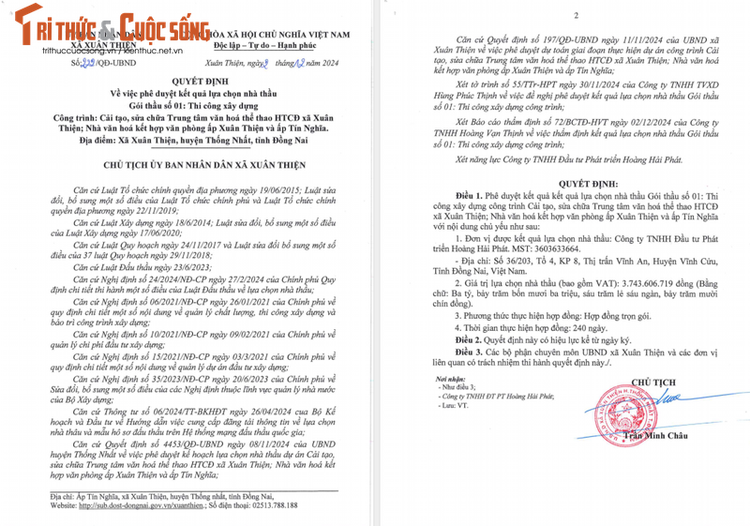 Quyết định số 222/QĐ-UBND phê duyệt KQLCNT Gói thầu số 01: Thi công xây dựng thuộc dự án Cải tạo sửa chữa Trung tâm văn hoá thể thao HTCĐ xã Xuân Thiện; Nhà văn hoá kết hợp văn phòng ấp Xuân Thiện và ấp Tín Nghĩa. Nguồn: MSC