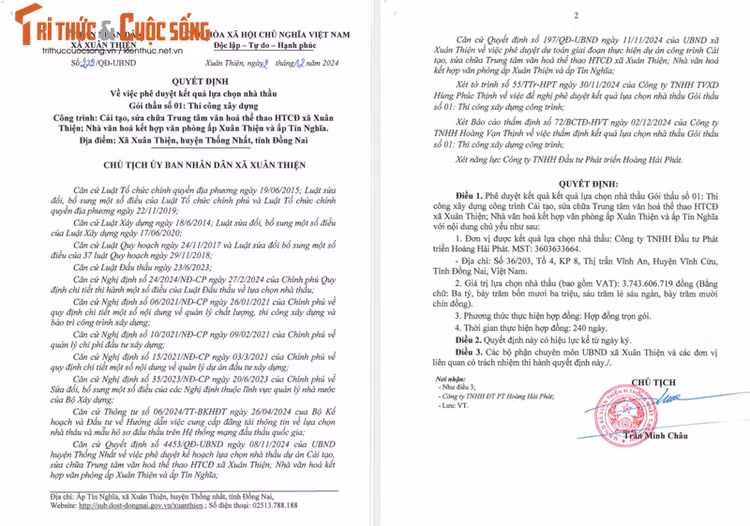 Quyết định số 222/QĐ-UBND phê duyệt KQLCNT Gói thầu số 01: Thi công xây dựng thuộc dự án Cải tạo sửa chữa Trung tâm văn hoá thể thao HTCĐ xã Xuân Thiện; Nhà văn hoá kết hợp văn phòng ấp Xuân Thiện và ấp Tín Nghĩa. Nguồn: MSC