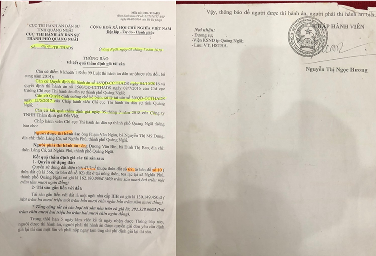 Thông báo về kết quả thẩm định giá tài sản.