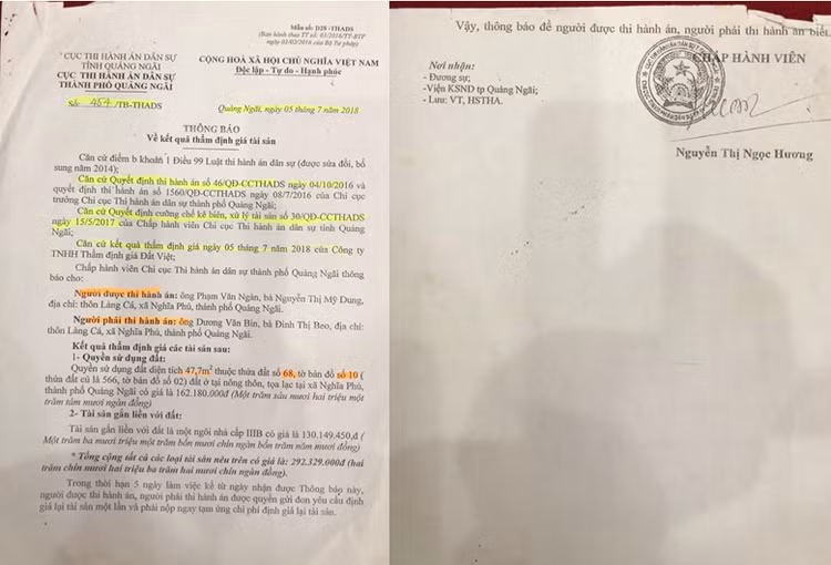 Thông báo về kết quả thẩm định giá tài sản.