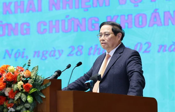 Thủ tướng Phạm Minh Chính phát biểu chỉ đạo Hội nghị triển khai nhiệm vụ phát triển thị trường chứng khoán năm 2024. (Ảnh: Dương Giang/TTXVN).