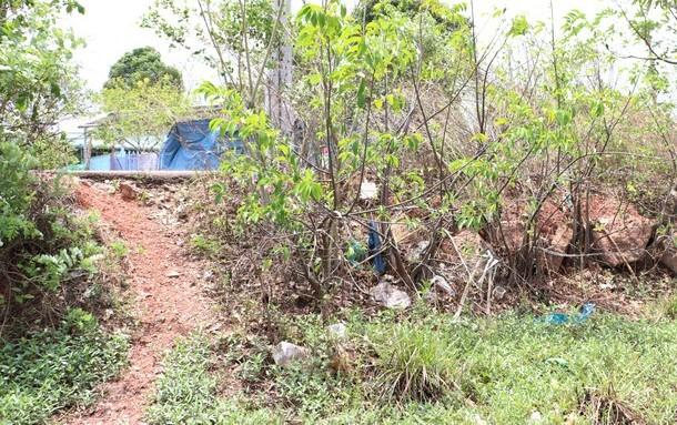 Đoạn đường bị lún nằm cạnh ao rau muống của người dân.