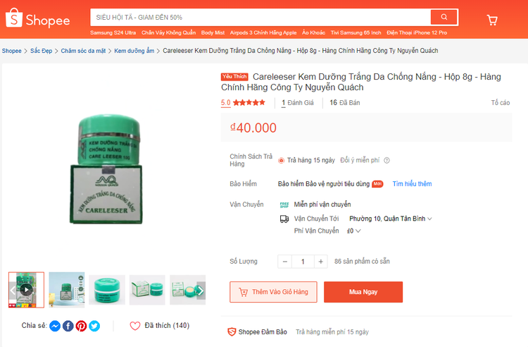 Sản phẩm Kem dưỡng trắng da chống nắng Careleeser” - Hộp 1 lọ 8g được Shopee chào bán với giá 40 nghìn đồng/hộp - Ảnh chụp màn hình