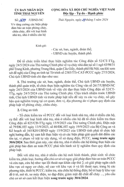Văn bản chỉ đạo của UBND tỉnh Thái Nguyên.
