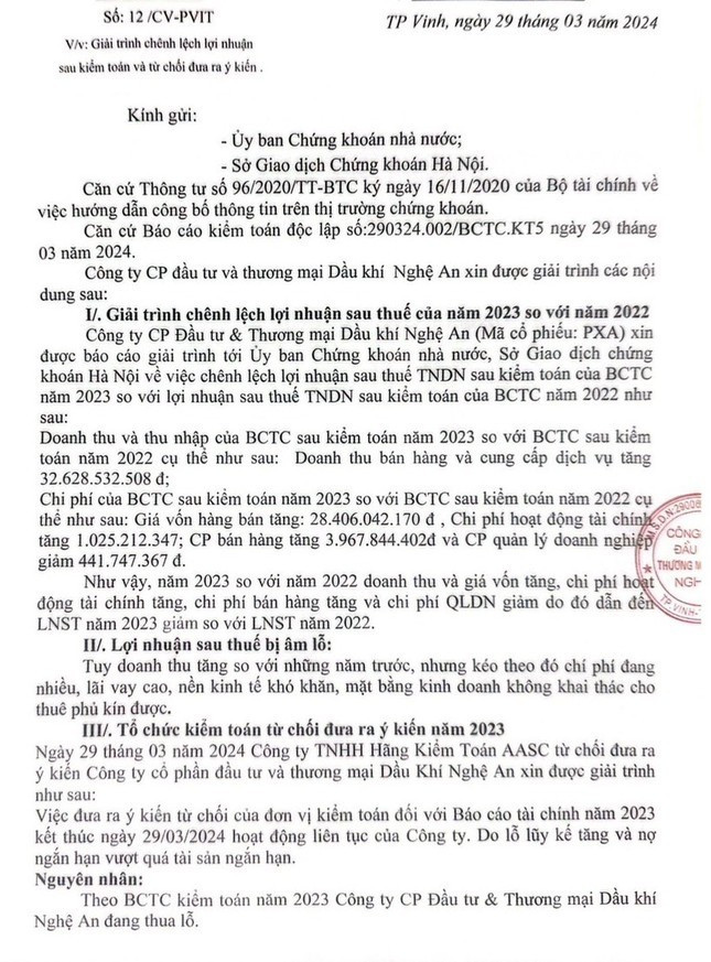 Dầu khí Nghệ An giải trình