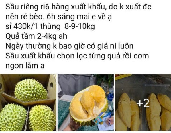 Một tài khoản trên mạng xã hội kêu gọi giải cứu sầu riêng xuất khẩu với giá rẻ kỷ lục. Ảnh: Chụp màn hình.