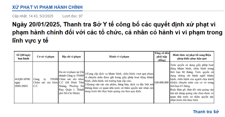 Thông tin xử phạt Phòng khám thẩm mỹ da CC Clinic của Thanh tra Sở Y tế TP HCM - Ảnh chụp màn hình