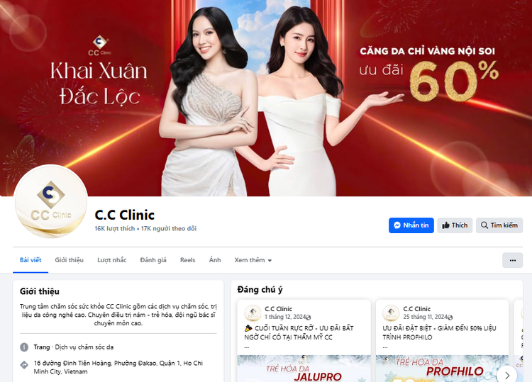 Trang facebook tên C.C Clinic quảng cáo về Phòng khám thẩm mỹ da CC - Ảnh chụp màn hình