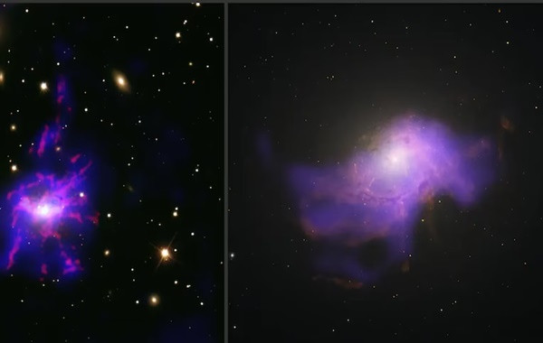 Cụm thiên hà Perseus (bên trái) và cụm thiên hà Centaurus (bên phải). (Ảnh: NASA)