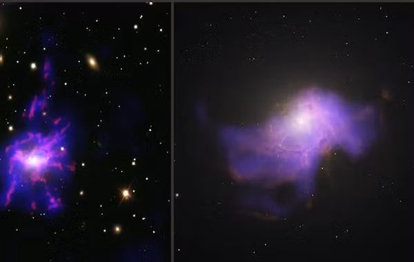 Cụm thiên hà Perseus (bên trái) và cụm thiên hà Centaurus (bên phải). (Ảnh: NASA)