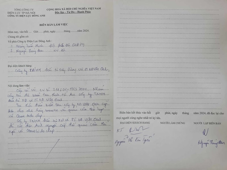 Biên bản làm việc giữa Công ty Điện lực Đông Anh và đại diện khách hàng “quên” ghi ngày, giờ. Ảnh: Mạnh Hưng.