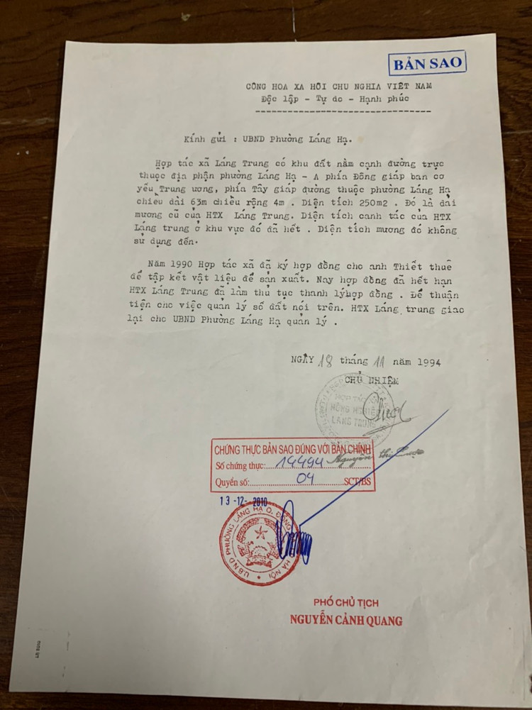 HTX Láng Trung gửi văn bản tới UBND phường Láng Hạ.