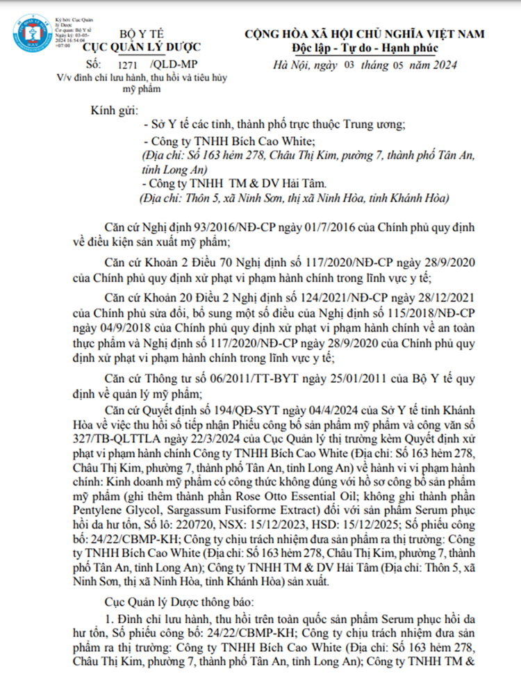 Công văn số 1271/QLD-MP ngày 3/5/2024 của Cục Quản lý Dược, Bộ Y tế.