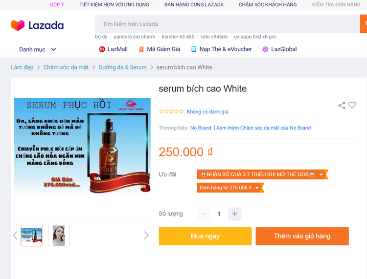 Sản phẩm Serum Bích Cao White chào bán trên Lazada. Ảnh chụp màn hình.