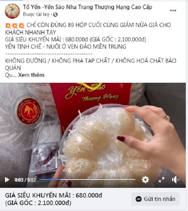 Yến sào giá rẻ bày bán công khai trên mạng xã hội.