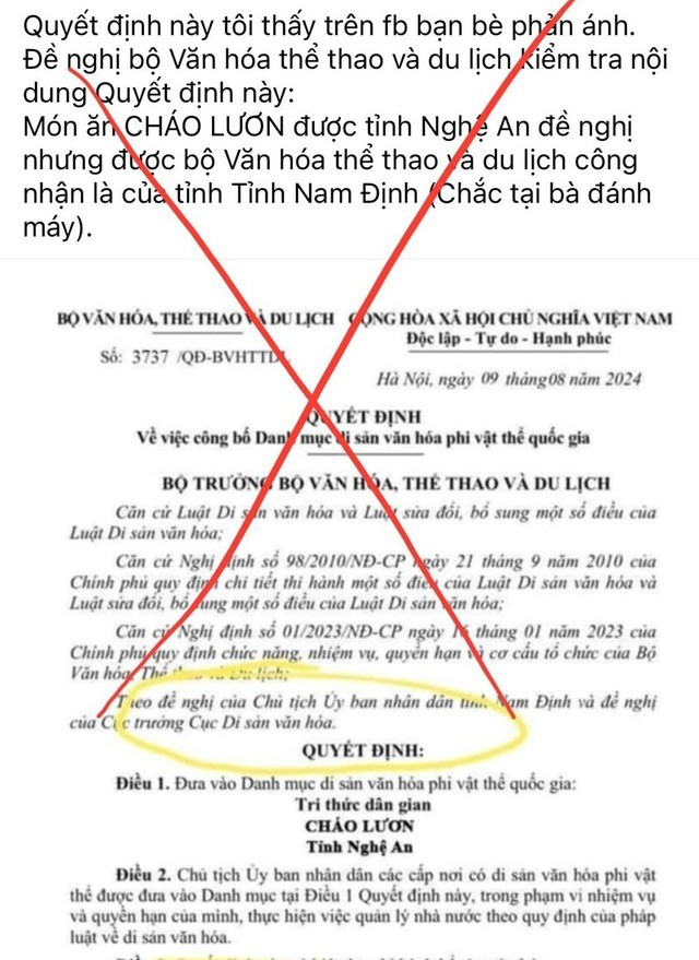 Bộ Văn hóa Thể thao và Du lịch khẳng định đây là thông tin sai sự thật.