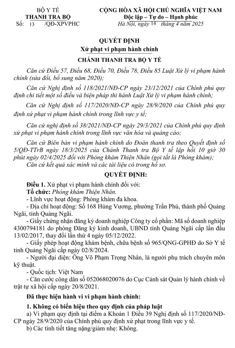 Ảnh: Trích quyết định xử phạt Phòng khám Đa khoa Thiện Nhân của Thanh tra Bộ Y tế - Ảnh chụp màn hình.