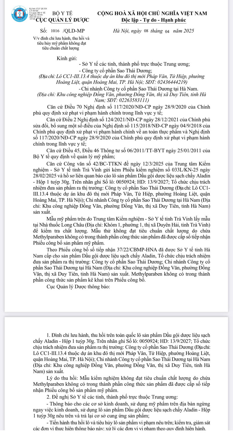 Trích công văn đình chỉ lưu hành, thu hồi, tiêu hủy sản phẩm dầu gội dược liệu sạch chấy Aladin – loại hộp 1 tuýp 30g, số lô 0050924 của Công ty Sao Thái Dương - Ảnh chụp màn hình.