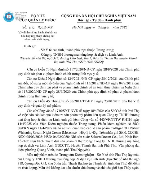 Cục Quản lý Dược thông báo đình chỉ lưu hành, thu hồi và tiêu hủy trên toàn quốc lô sản phẩm Collagen 3D Perfect Whitening Cream Night Cream (Melasma) do không đạt chất lượng - Ảnh chụp màn hình