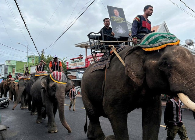 Đàn voi cùng người dân đưa tiễn ông Đàng Năng Long vua voi Tây Nguyên lần cuối.