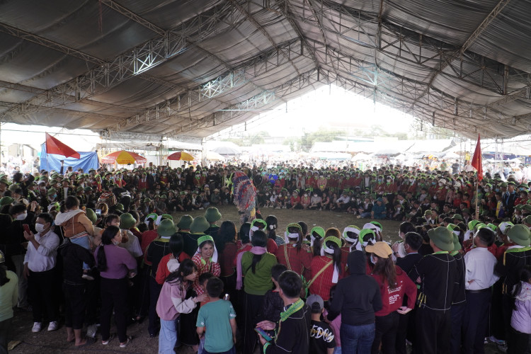 Người đi xem hội háo hức với các tiết mục thi múa sư tử.