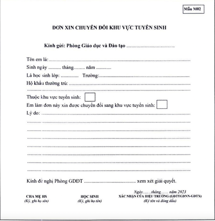 Mẫu đơn xin đổi khu vực tuyển sinh. Ảnh báo Dân trí
