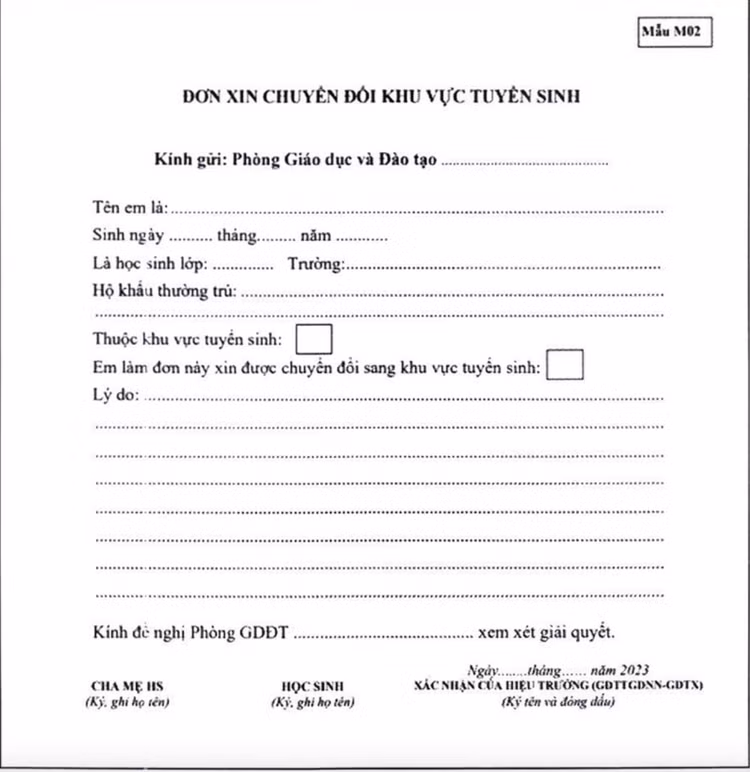 Mẫu đơn xin đổi khu vực tuyển sinh. Ảnh báo Dân trí