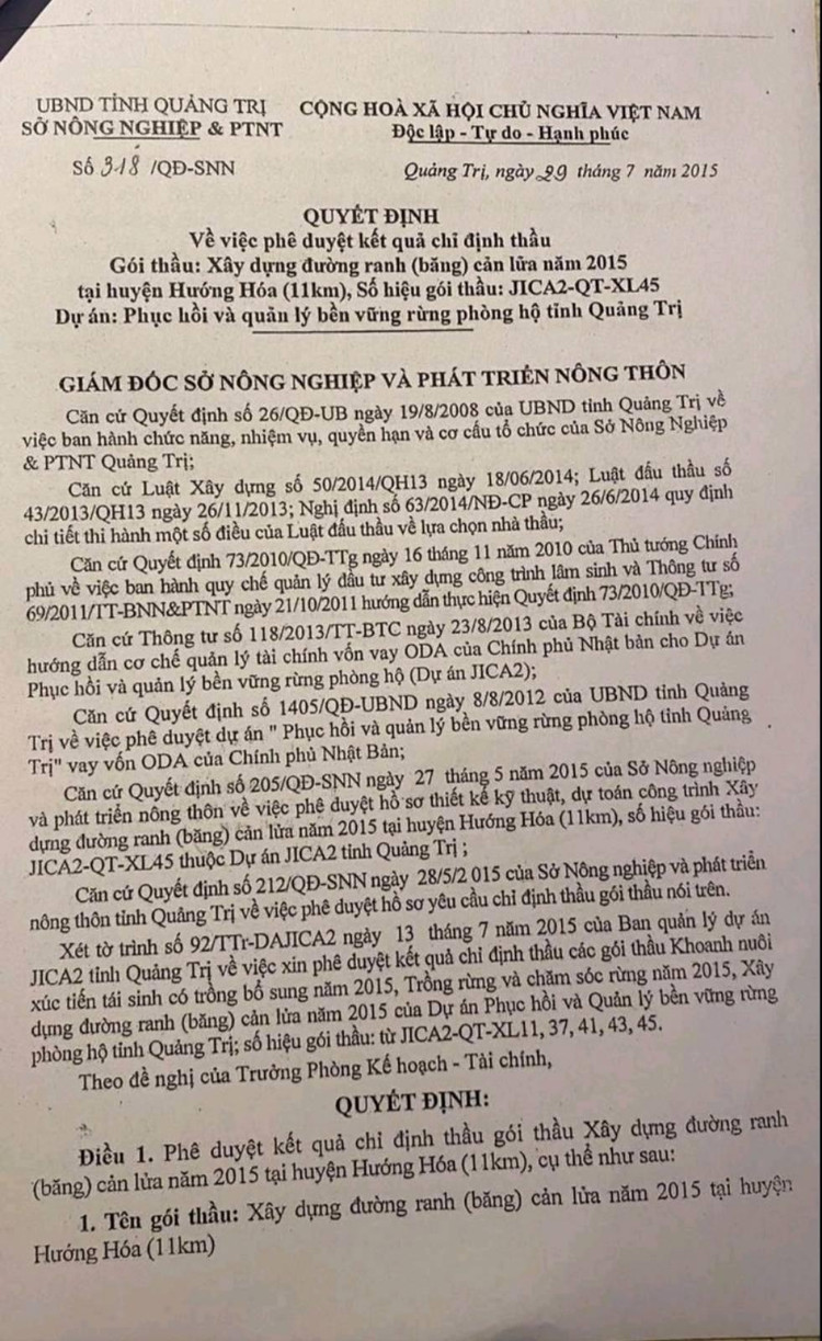 Quyết định chỉ định thầu số 318/QĐ – SNN, chỉ định Công ty TNHH Bảo Lâm là nhà thầu thi công hạng mục đường ranh cản lửa
