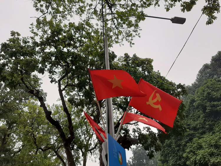 Cờ Đảng, cờ Tổ quốc tung bay trước gió.