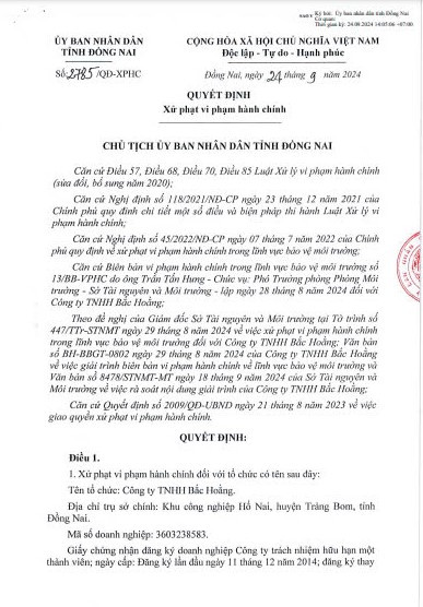 Quyết định xử phạt hành chính đối với Công ty TNHH Bắc Hoằng do vi phạm lĩnh vực bảo vệ môi trường. Ảnh chụp màn hình