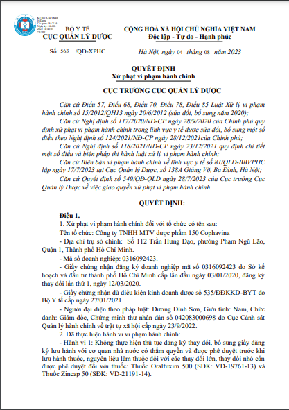 Quyết định xử phạt Công ty TNHH MTV Dược phẩm 150 Cophavina 140 triệu đồng. Ảnh chụp màn hình