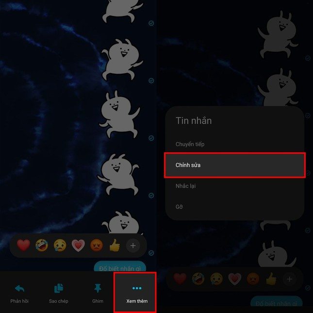 Sau khi cập nhật ứng dụng thành công thì bạn hãy mở ứng dụng lên. Truy cập vào cuộc trò chuyện có tin nhắn cần sửa, ở bất kỳ tin nhắn nào cần sửa thì bạn hãy ấn giữ vào tin nhắn đó khoảng 2 giây. Một loạt các tùy chọn sẽ được hiện ra và việc của bạn cần làm đó là ấn vào Xem thêm. Sau đó chọn tiếp vào mục Chỉnh sửa ở cửa sổ hiện lên. Lưu ý: Những tin nhắn mà bạn có thể sửa là những tin nhắn đã được gửi không quá 15 phút. Sau 15 phút thì bạn không thể sửa tin nhắn được nữa.