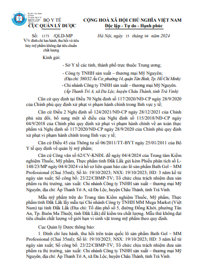 Công văn số 1173/QLD-MP ngày 15/04 về việc đình chỉ lưu hành, thu hồi và tiêu hủy mỹ phẩm không đạt tiêu chuẩn chất lượng. Ảnh chụp màn hình