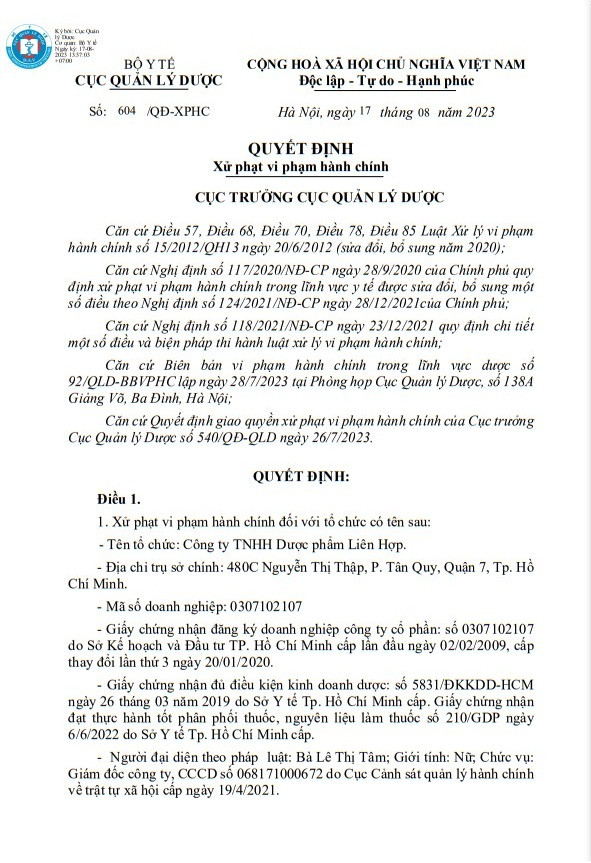 Công ty TNHH Dược phẩm Liên Hợp bị xử phạt 100 triệu đồng ảnh 1