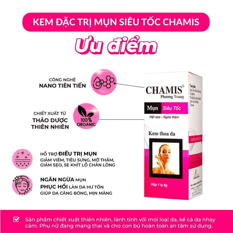 Sản phẩm kem thoa da Chamis được quảng cáo &quot;trị mụn siêu tốc&quot;, gây hiểu nhầm có công dụng như thuốc.