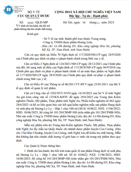 Công văn thông báo thu hồi toàn quốc lô dung dịch vệ sinh của Dược phẩm Hoàng Liên. Ảnh chụp màn hình