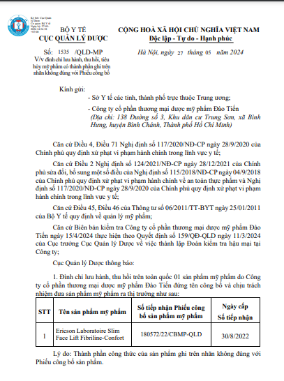 Công văn số 1535/QLD-MP ngày 27/5/2024 về việc đình chỉ lưu hành, thu hồi và tiêu hủy mỹ phẩm. Ảnh chụp màn hình
