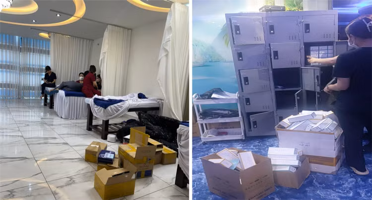 Nhân viên và các dụng cụ, vật tư… phục vụ cho kỹ thuật “tăng size cậu nhỏ” tại hộ kinh doanh “UCI INTERNATIONAL” (ngày 15/4/2024). Ảnh Sở y tế Hồ Chí Minh