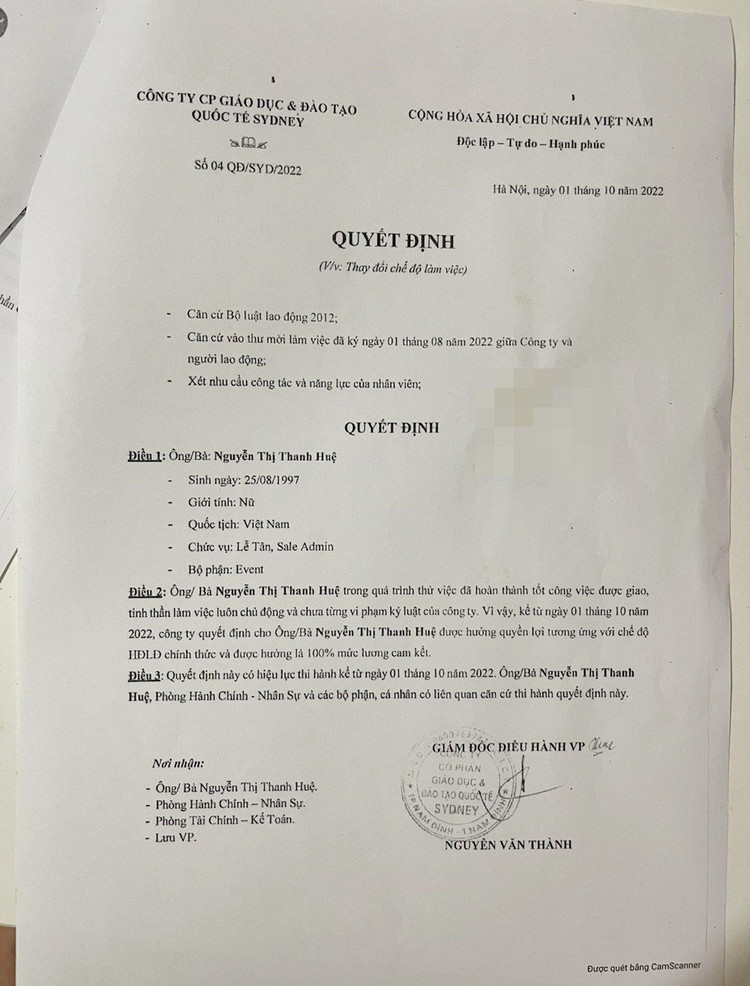 Quyết định thay đổi chế độ làm việc người lao động của Công ty Cổ phần GD&amp;ĐT Quốc tế Sydney nêu rõ, người lao động được hưởng quyền lợi tương ứng chế độ Hợp đồng lao động chính thức và được hưởng 100% mức lương cam kết