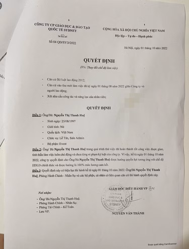 Quyết định thay đổi chế độ làm việc người lao động của Công ty Cổ phần GD&amp;ĐT Quốc tế Sydney nêu rõ, người lao động được hưởng quyền lợi tương ứng chế độ Hợp đồng lao động chính thức và được hưởng 100% mức lương cam kết