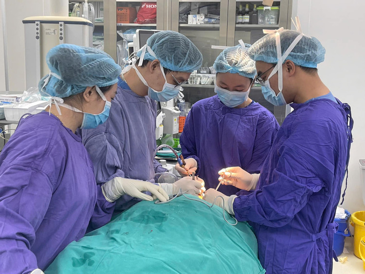 Các bác sĩ Trung tâm Phẫu thuật Sọ mặt và Tạo hình, Bệnh viện TWQĐ 108 tiến hành phẫu thuật tái tạo môi cho bệnh nhân bị chó cắn. Ảnh BVCC