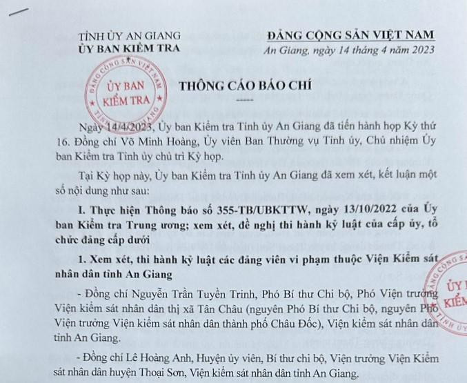 Thông cáo báo chí của UBKT tỉnh Uỷ An Giang. Ảnh kinhtevadothi