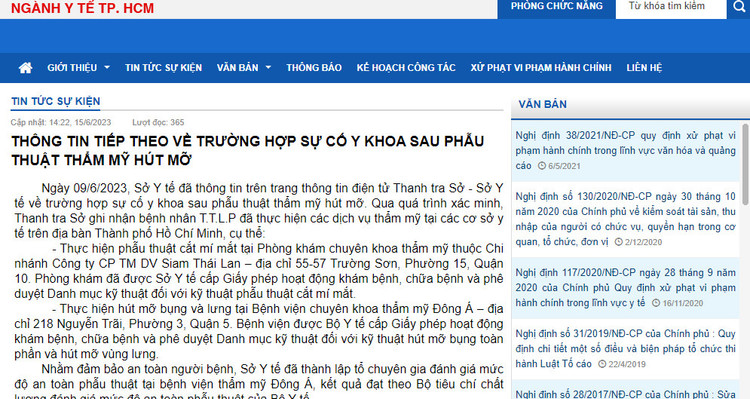 Sở Y tế TP HCM thông tin về trường hợp sự cố y khoa sau phẫu thuật thẩm mỹ hút mỡ - Ảnh chụp màn hình