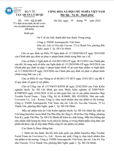 Công văn số 1096 /QLD-MP ngày 09/04 về việc đình chỉ lưu hành, thu hồi và tiêu hủy mỹ phẩm không đạt tiêu chuẩn chất lượng. Ảnh chụp màn hình
