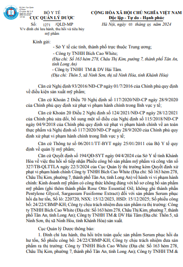 Công văn 1271/QLD-MP của Cục Quản lý Dược về việc đình chỉ lưu hành, thu hồi và tiêu huỷ lô Serum phục hồi hư tổn da - Ảnh chụp màn hình