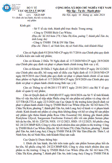 Công văn 1271/QLD-MP của Cục Quản lý Dược về việc đình chỉ lưu hành, thu hồi và tiêu huỷ lô Serum phục hồi hư tổn da - Ảnh chụp màn hình